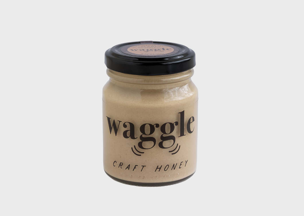 Jar of Waggle’s Espresso Craft Honey (170g), infused with rich espresso for a bold, aromatic flavour.