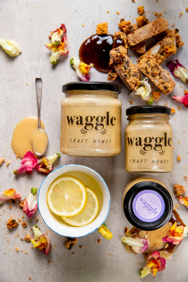 Waggle's raw Vanilla Craft Honey used to sweeten tea and lemon water