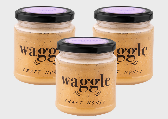 Three jars of Waggle's Vanilla Creamed Craft Honey 340g each