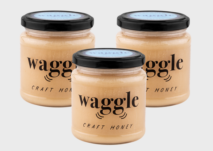 Three jars of Waggle’s Salted Creamed Craft Honey (340g each) neatly packaged in the Forager Trio Large gift set.