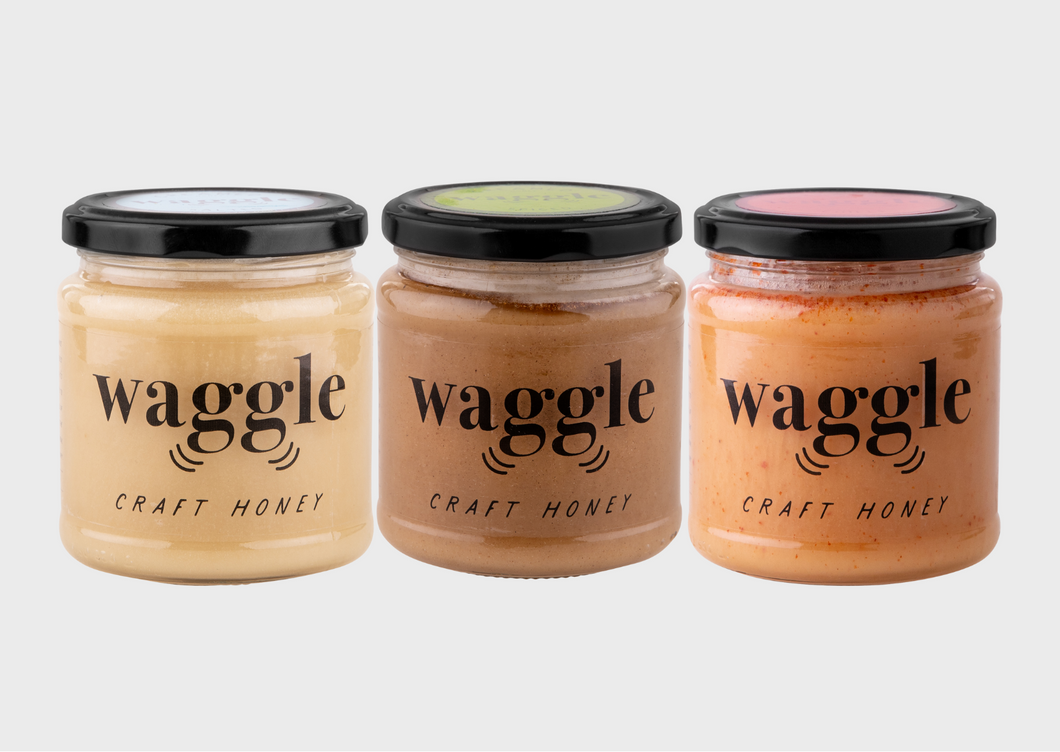 Three jars of Waggle's Craft Honeys, Salted, Spiced and Chilli Honey 340g each