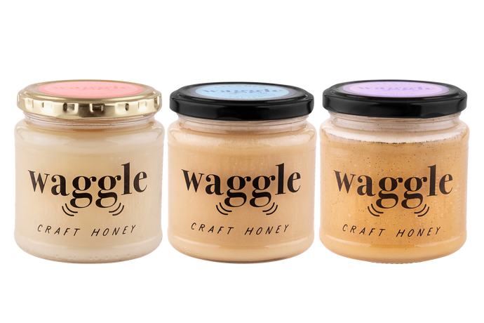 Three jars of Waggle Craft Honey, Plain, Salted and Vanilla 340g each